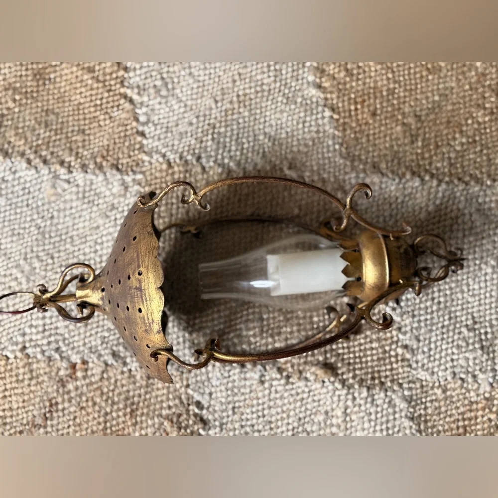 Vintage antique Italian gilded brass metal glass Gold Hanging Lantern fixture